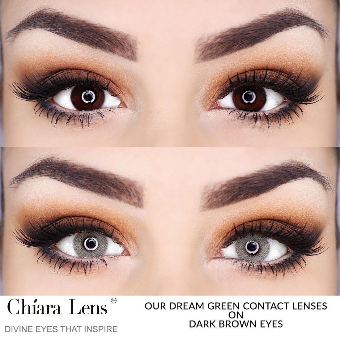 Before And After Green Contact Lenses On Dark Brown Eyes Chiara Lens