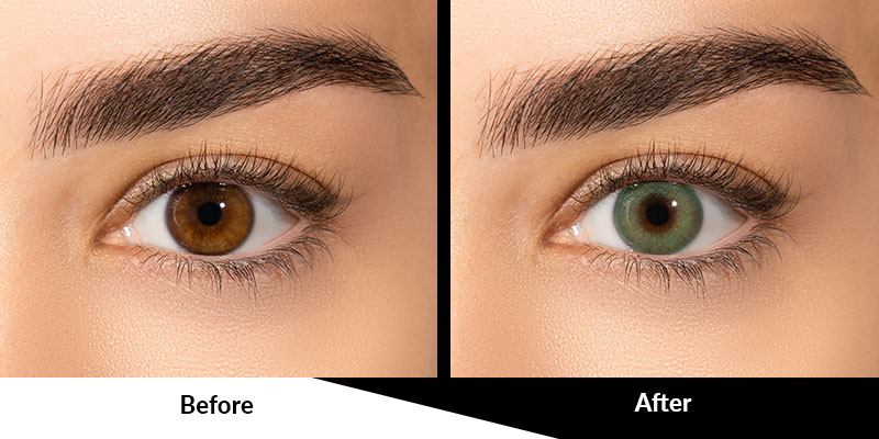 Green colored contact lenses before and after